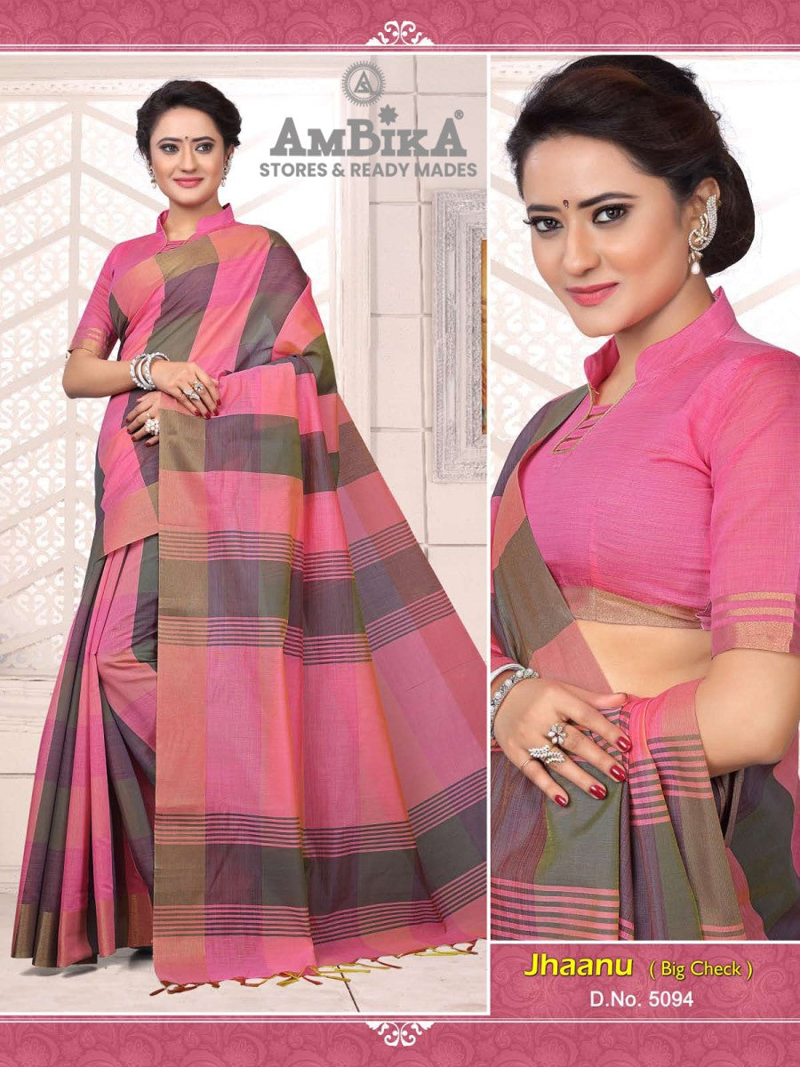 JHAANU SILK COTTON SAREE Checked with Blouse Piece for Womens