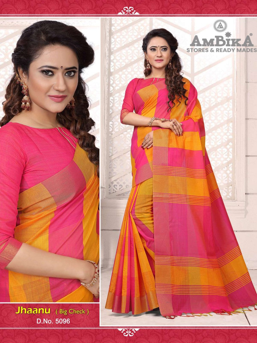 JHAANU SILK COTTON SAREE Checked with Blouse Piece for Womens