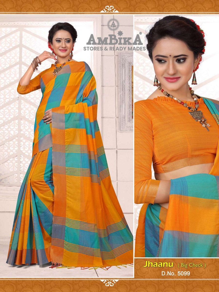 JHAANU SILK COTTON SAREE Checked with Blouse Piece for Womens