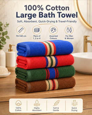 100% Cotton Large Bath Towel for Men & Women – Soft, Absorbent, Quick-Drying & Travel-Friendly – 70×140 cm, Assorted Colours, Pack of 1, 2 or 4