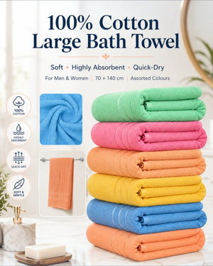 100% Cotton Large Bath Towel for Men & Women – Soft, Highly Absorbent & Quick-Dry – 70×140 cm, 1 Piece, Assorted Colours
