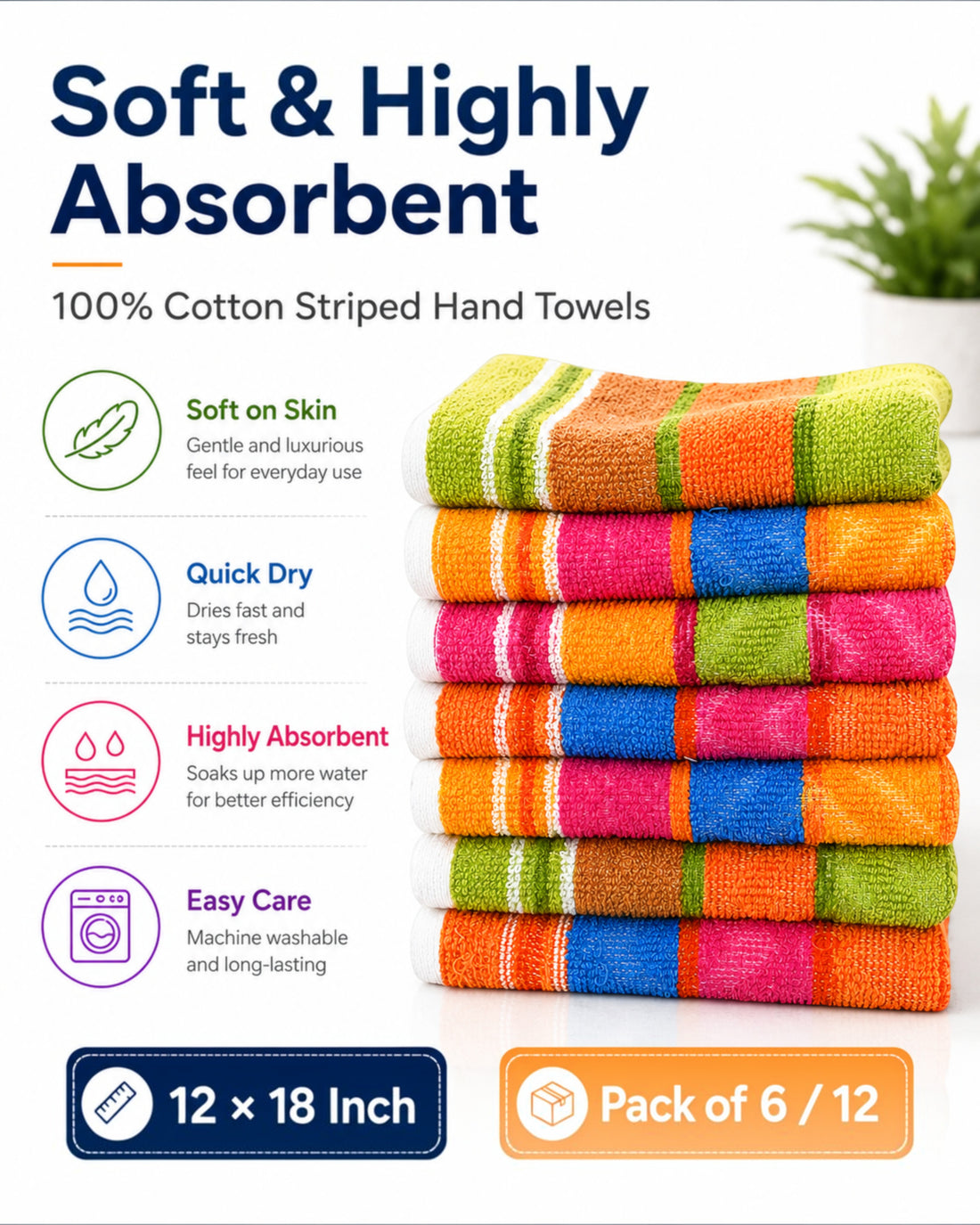 100% Cotton Striped Hand Towels 12×18 Inch – Soft, Highly Absorbent Face and Kitchen Towels in Assorted Colours