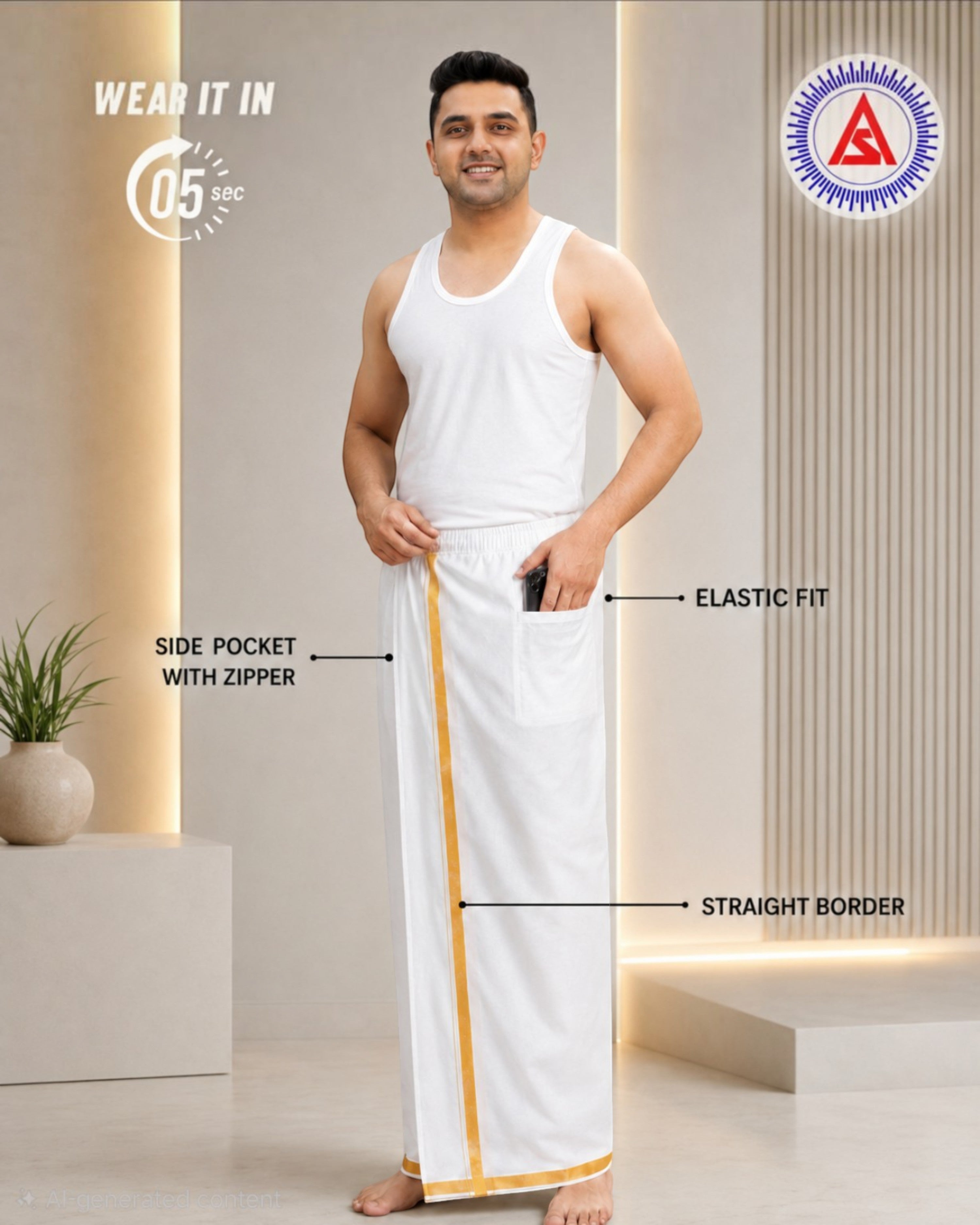 Insta Dhoti for Men – Ready-to-Wear White Dhoti with Gold Border