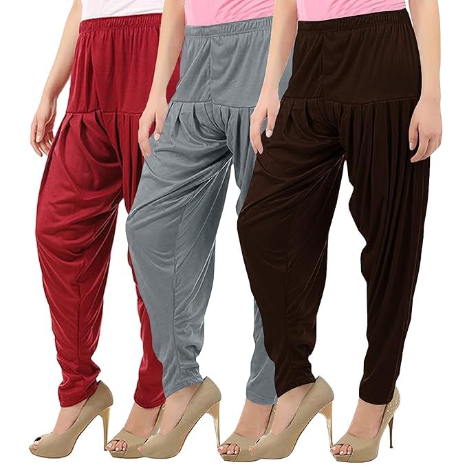 Women's Relaxed Fit Cotton Viscose Lycra Dhoti Patiyala Salwar Harem Bottoms Pants for Women's (PACK 3)