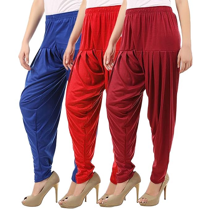 Women's Relaxed Fit Cotton Viscose Lycra Dhoti Patiyala Salwar Harem Bottoms Pants for Women's (PACK 3)
