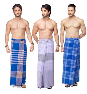Nandu  Brand Men's Cotton Stitched Lungi - Ready to wear (Pattern & Design May Vary, Multicolour, Free Size (2.10Mtrs)) Premium Wear (PACK 3)