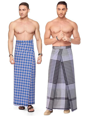 Nandu  Brand Men's Cotton Stitched Lungi - 2Pcs Pack # Pattern May Vary # Attractive Multicolour # Free Size # Ready to Wear # 2.10Mtr #