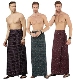 Nandu  Brand Men's Cotton Stitched Printed Lungies - Pack of 3 (Multicolour, Colour May Vary, Free Size)