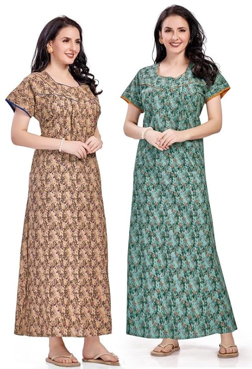 Women's Cotton Printed Nighty Night Gown Maxi | Nighty Dress with Pocket, Super Soft Comfortable | Rajasthani and Jaipuri Gown Maxi