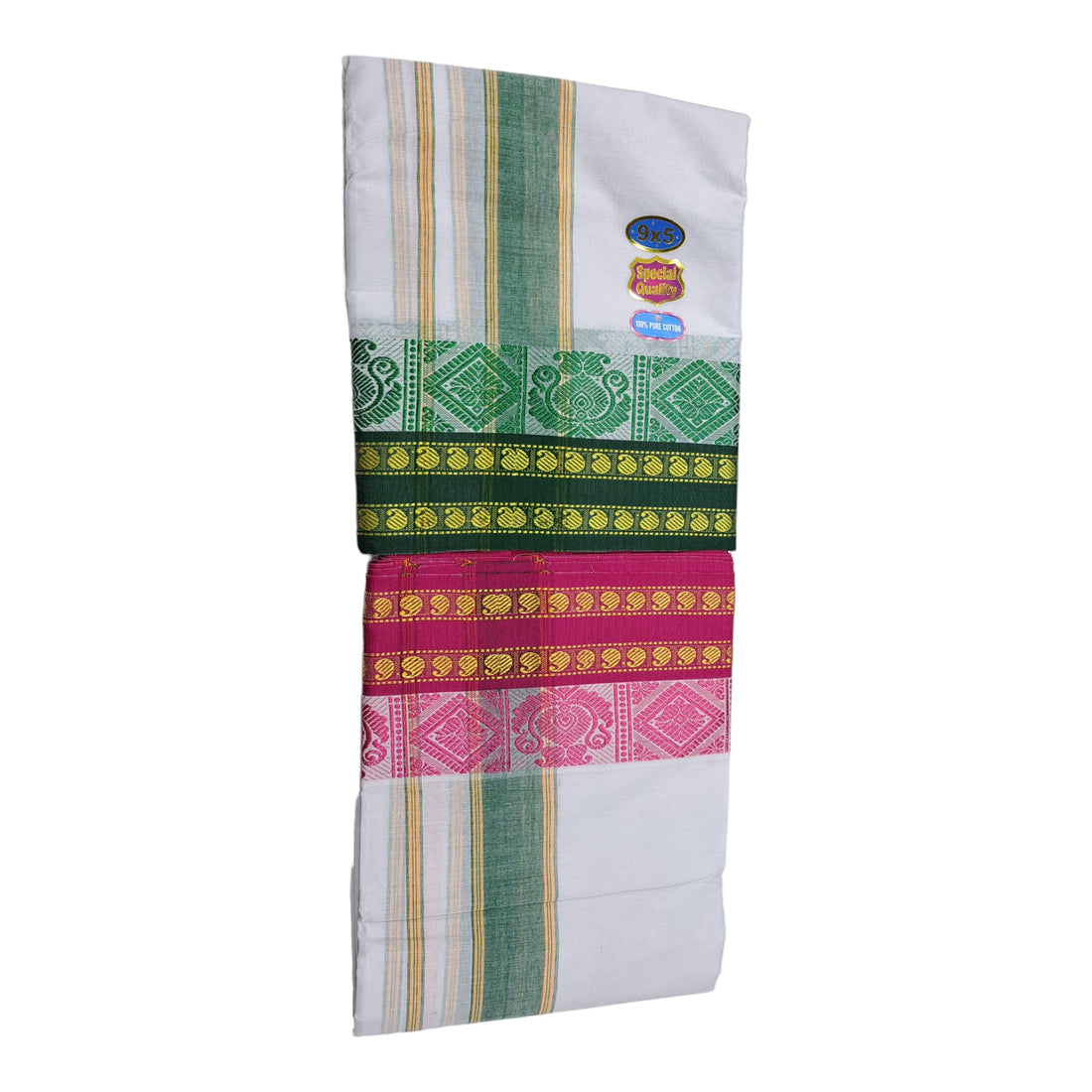 Cotton Dhoties and Towel Set, 4 Meter Dhoti, 2.20 Meter Towel, 9X5 inches, Jaquad Cotton