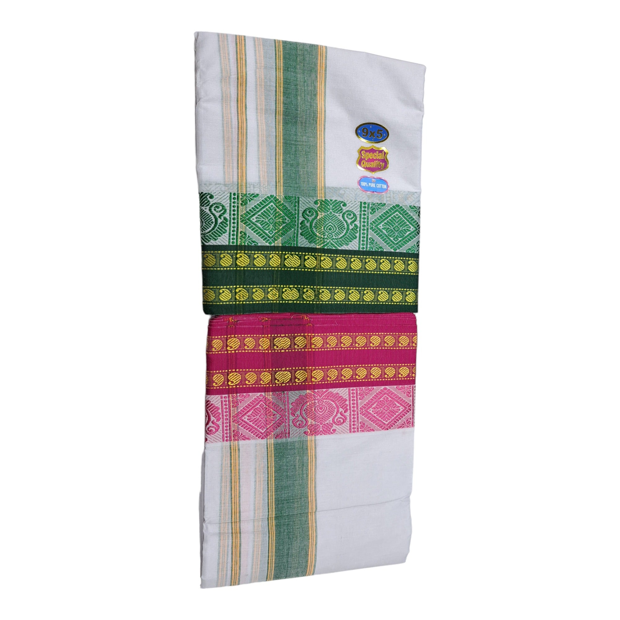 Cotton Dhoties and Towel Set, 4 Meter Dhoti, 2.20 Meter Towel, 9X5 inches, Jaquad Cotton