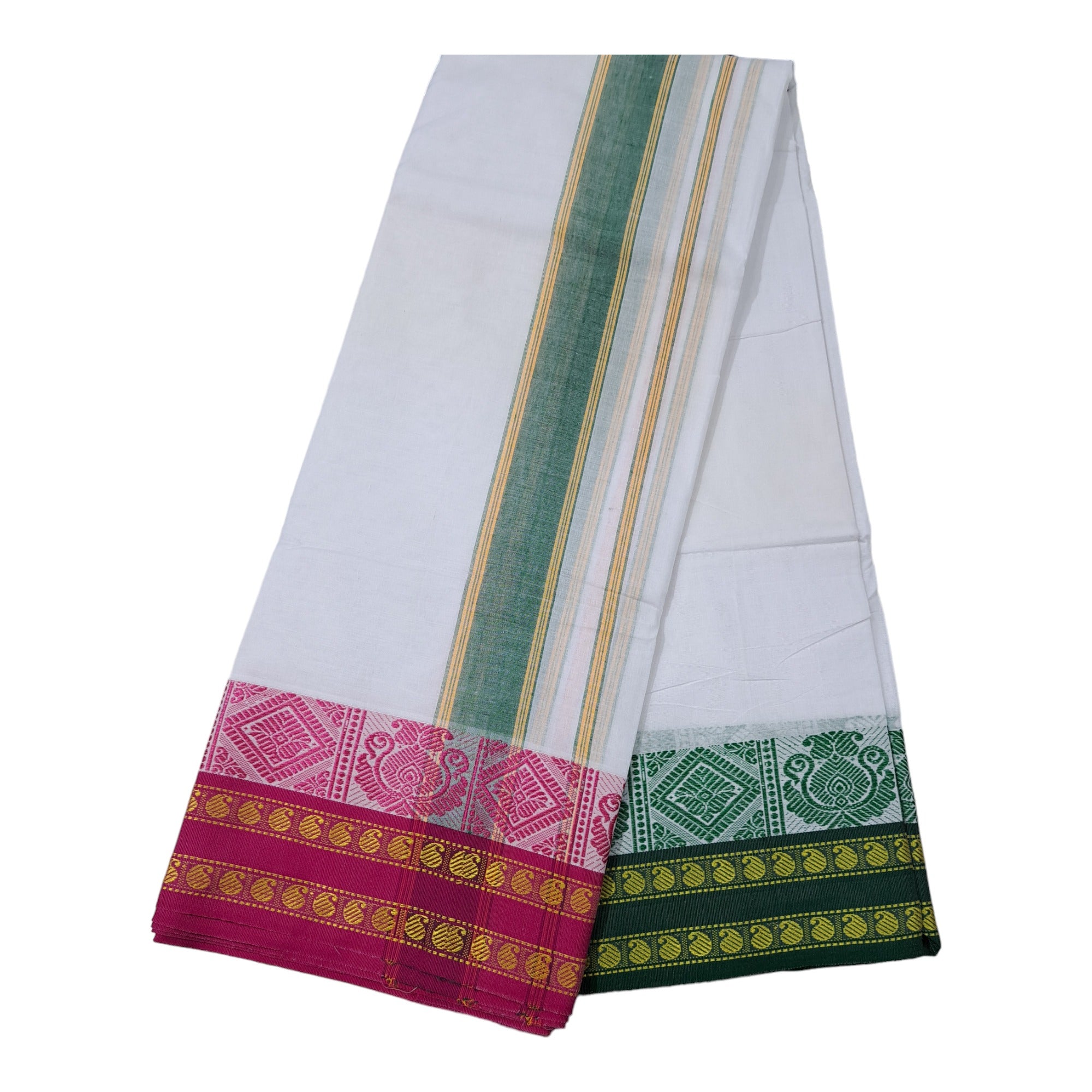 Cotton Dhoties and Towel Set, 4 Meter Dhoti, 2.20 Meter Towel, 9X5 inches, Jaquad Cotton