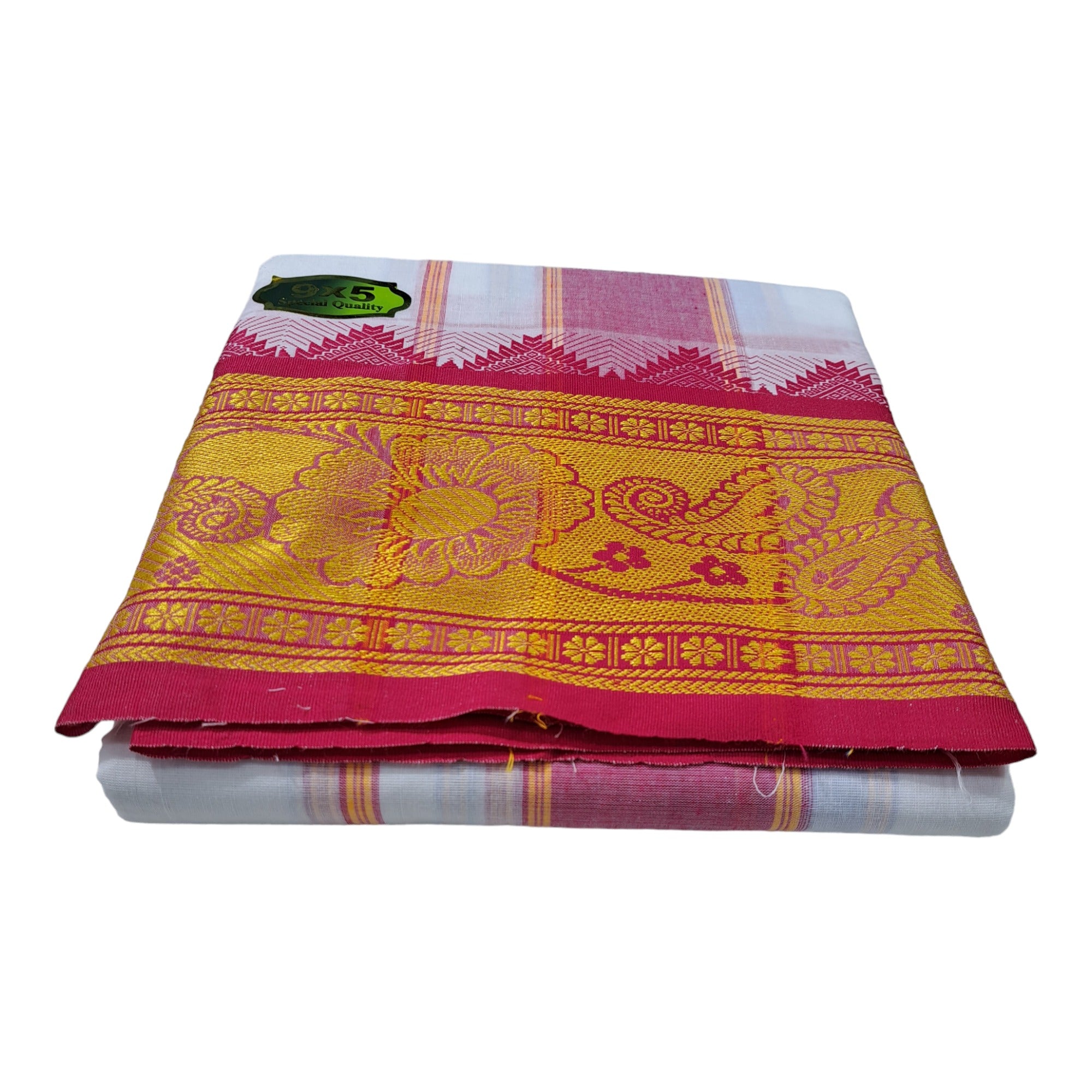 Premium Cotton Off White Dhoti 7 Inch Border 4 Meter Dhoti and 2.25 Meter Towel Set 9X5