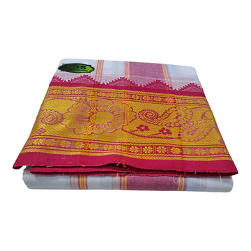 Premium Cotton Off White Dhoti 7 Inch Border 4 Meter Dhoti and 2.25 Meter Towel Set 9X5