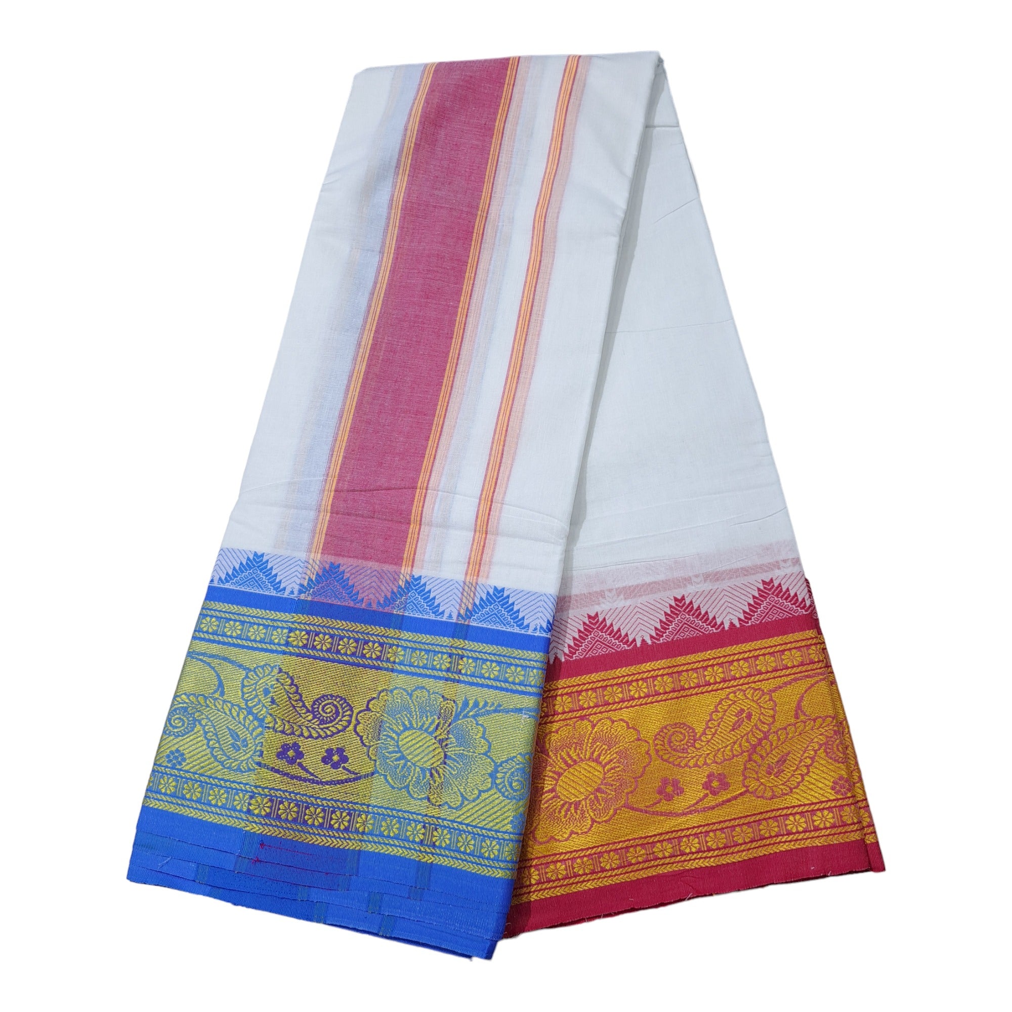 Premium Cotton Off White Dhoti 7 Inch Border 4 Meter Dhoti and 2.25 Meter Towel Set 9X5