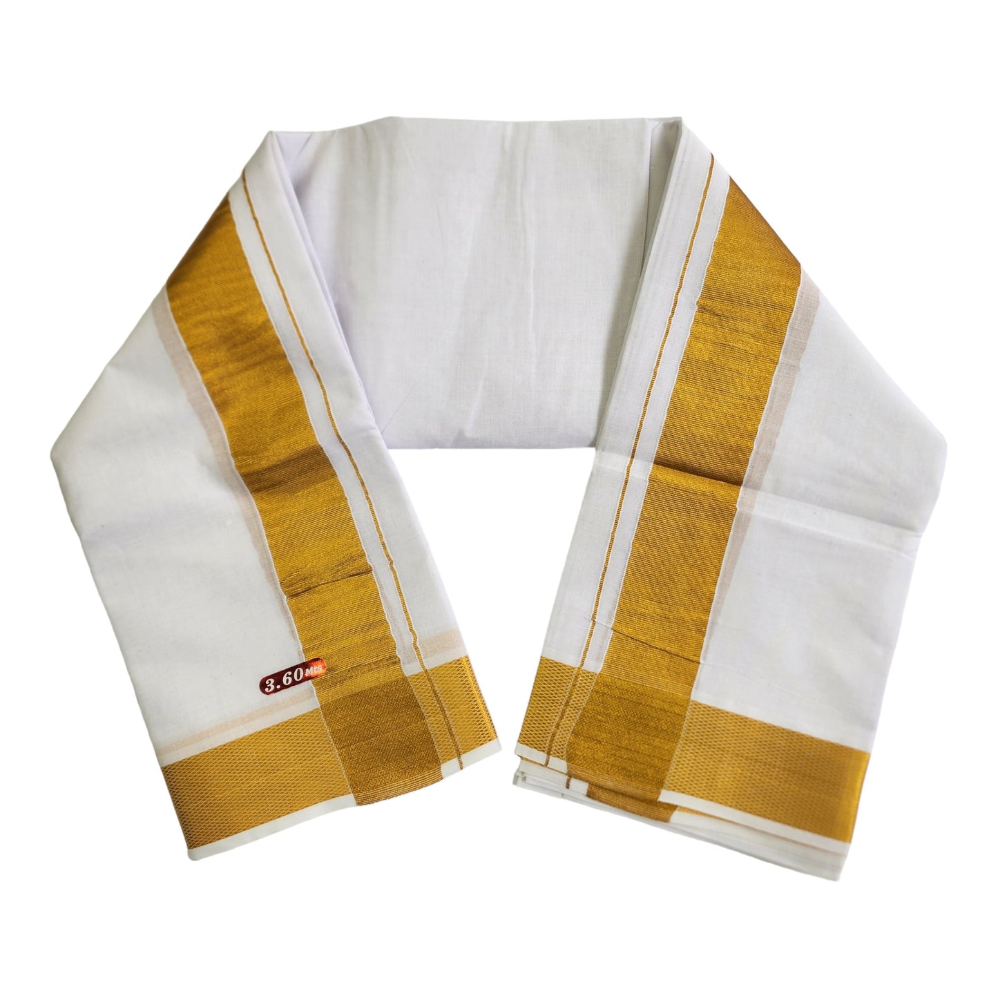Mens 100% Pure Cotton Bleached White Dhoti With Cotton Big Gold Zari Border(2 PCs Combo)