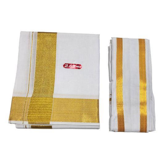 Men's Cotton Traditional Single Dhoti with Big Gold Border and 2.0 Meter, 1.8Mtr Angvastram Towel (White, Free Size)