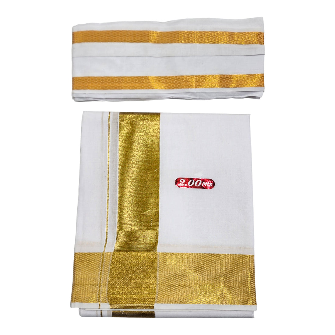 Men's Cotton Traditional Single Dhoti with Big Gold Border and 2.0 Meter, 1.8Mtr Angvastram Towel (White, Free Size)