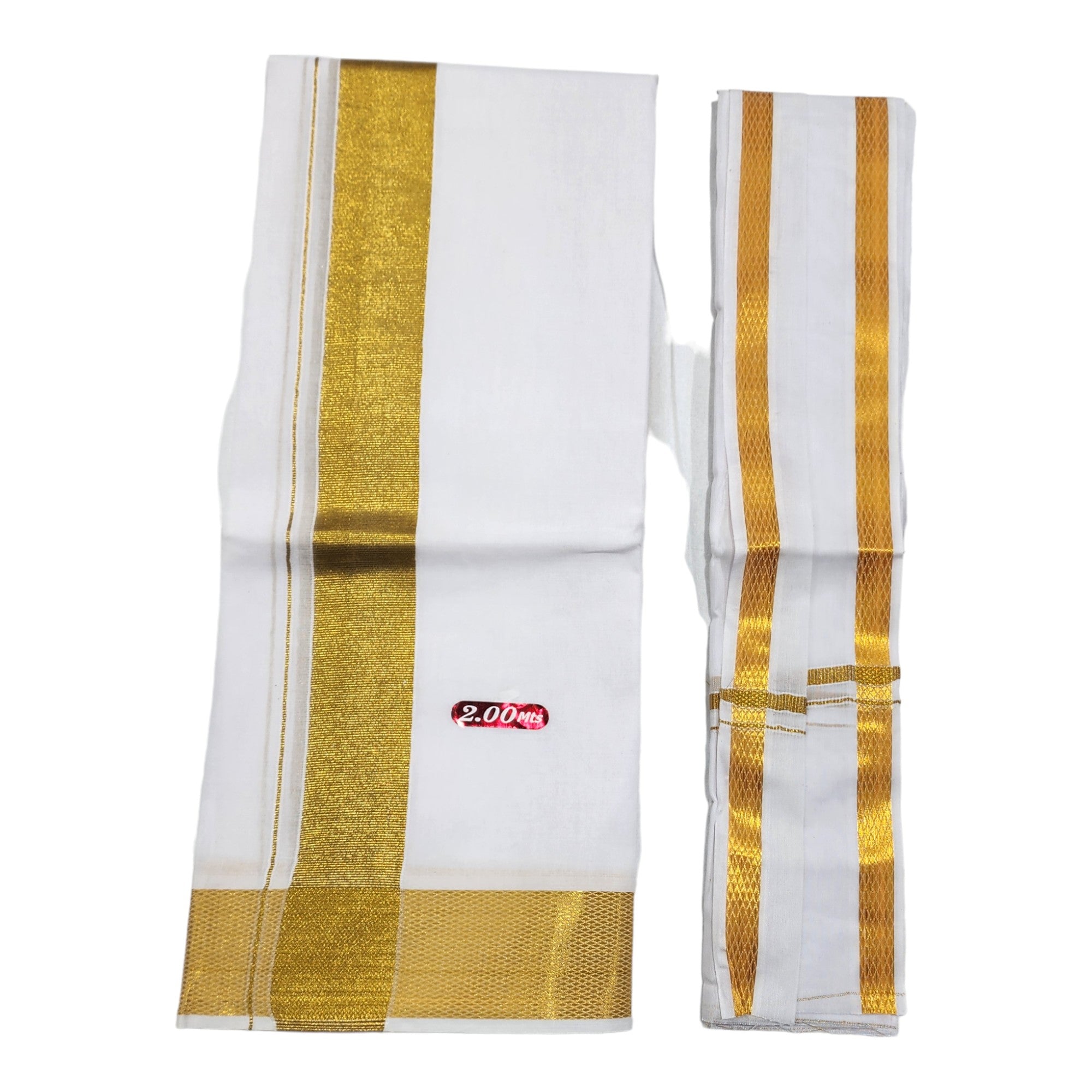 Men's Cotton Traditional Single Dhoti with Big Gold Border and 2.0 Meter, 1.8Mtr Angvastram Towel (White, Free Size)