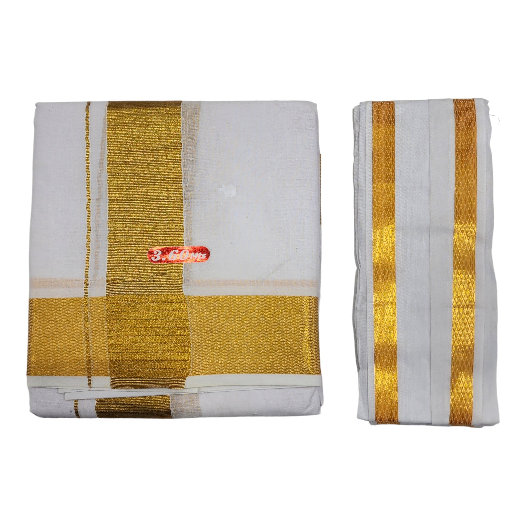 Men's Traditional White Cotton Free Size Double Gold Border Dhoti 3.60 Mtr with 1 Angvastram Towel 1.80 Meters