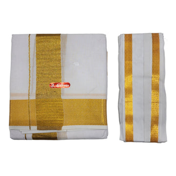 Men's Traditional White Cotton Free Size Double Gold Border Dhoti 3.60 Mtr with 1 Angvastram Towel 1.80 Meters
