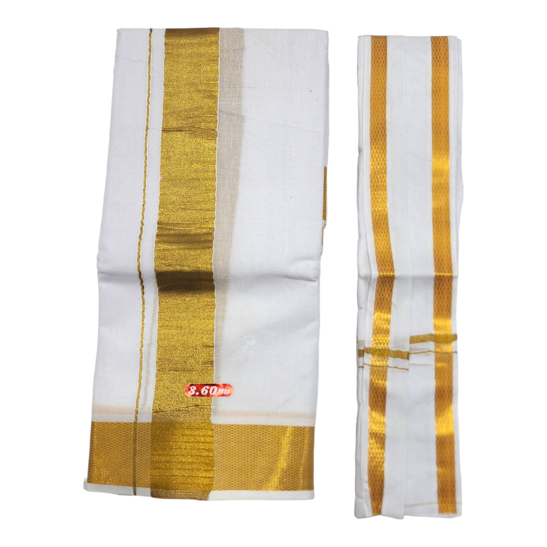 Men's Traditional White Cotton Free Size Double Gold Border Dhoti 3.60 Mtr with 1 Angvastram Towel 1.80 Meters