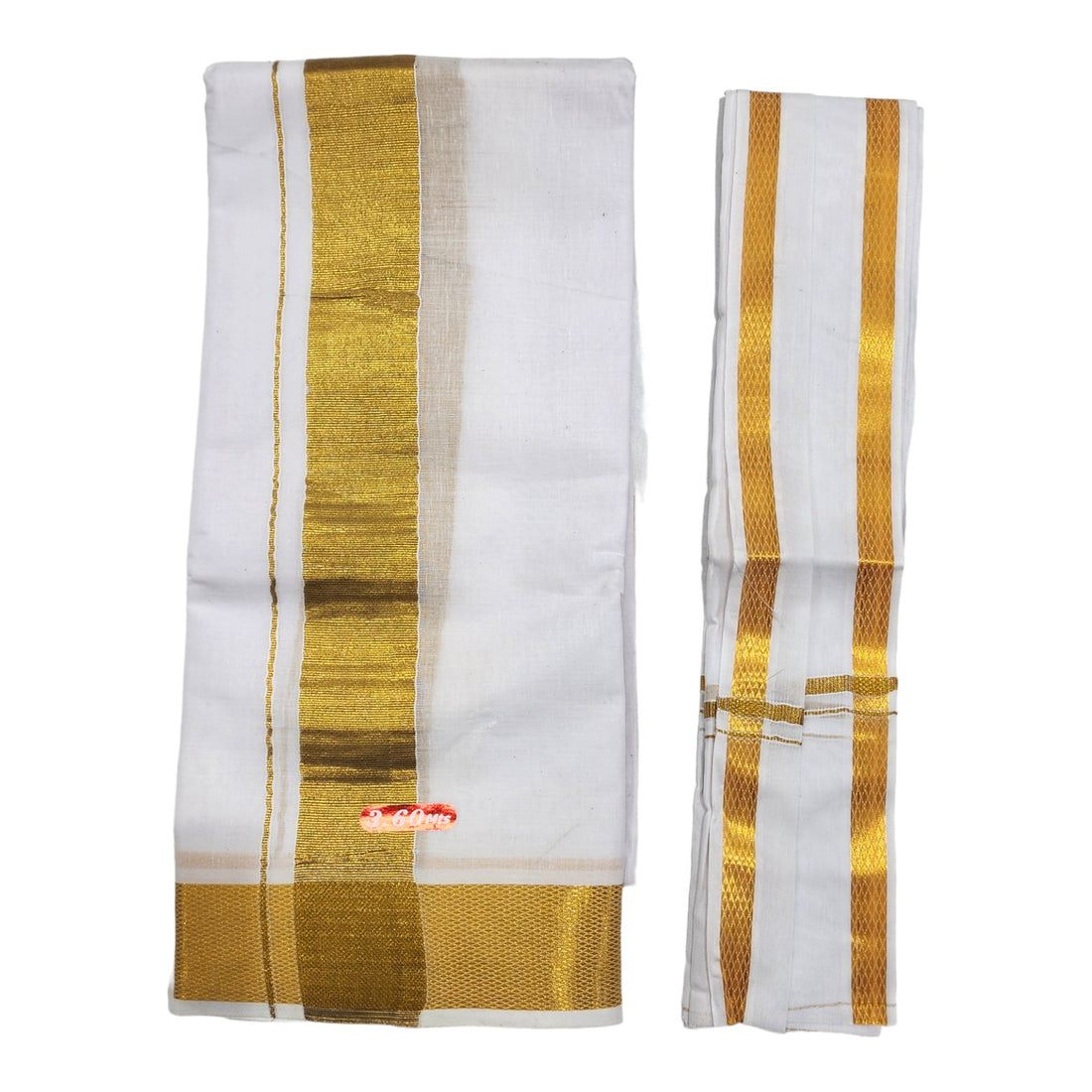 Men's Traditional White Cotton Free Size Double Gold Border Dhoti 3.60 Mtr with 1 Angvastram Towel 1.80 Meters