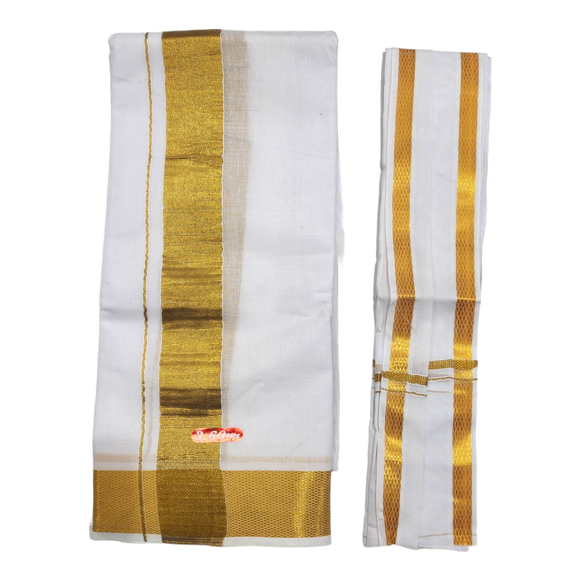 Men's Traditional White Cotton Free Size Double Gold Border Dhoti 3.60 Mtr with 1 Angvastram Towel 1.80 Meters