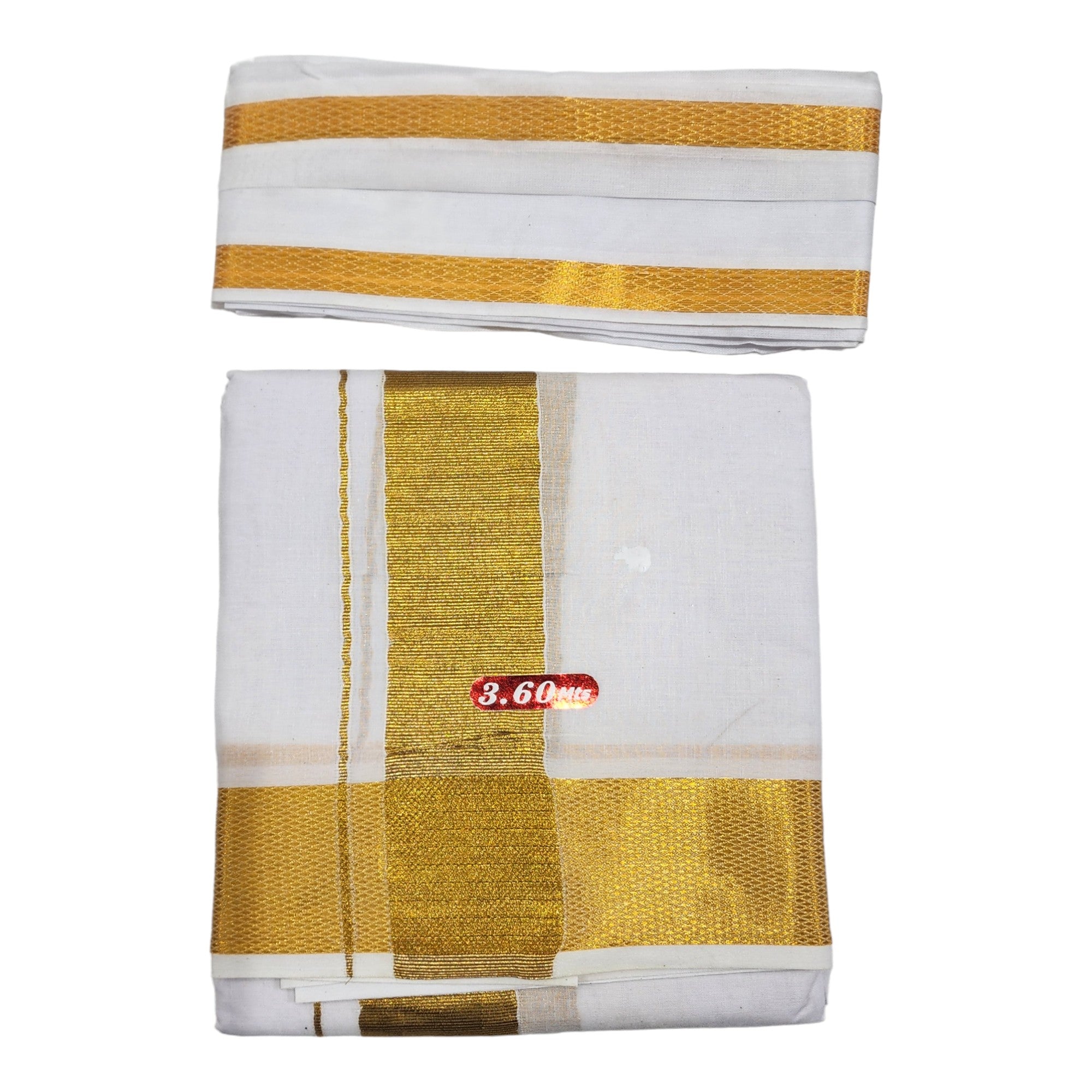 Men's Traditional White Cotton Free Size Double Gold Border Dhoti 3.60 Mtr with 1 Angvastram Towel 1.80 Meters