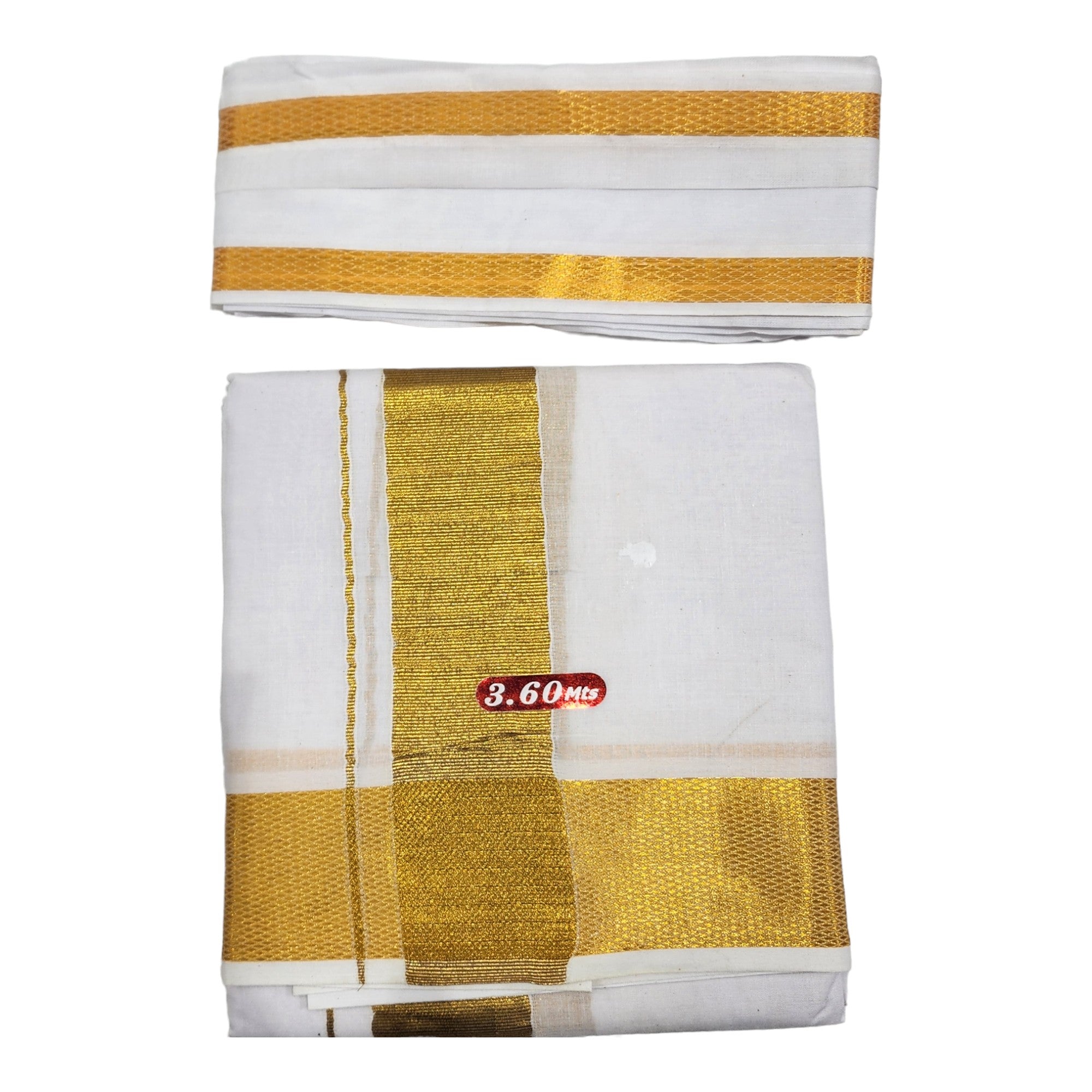Men's Traditional White Cotton Free Size Double Gold Border Dhoti 3.60 Mtr with 1 Angvastram Towel 1.80 Meters