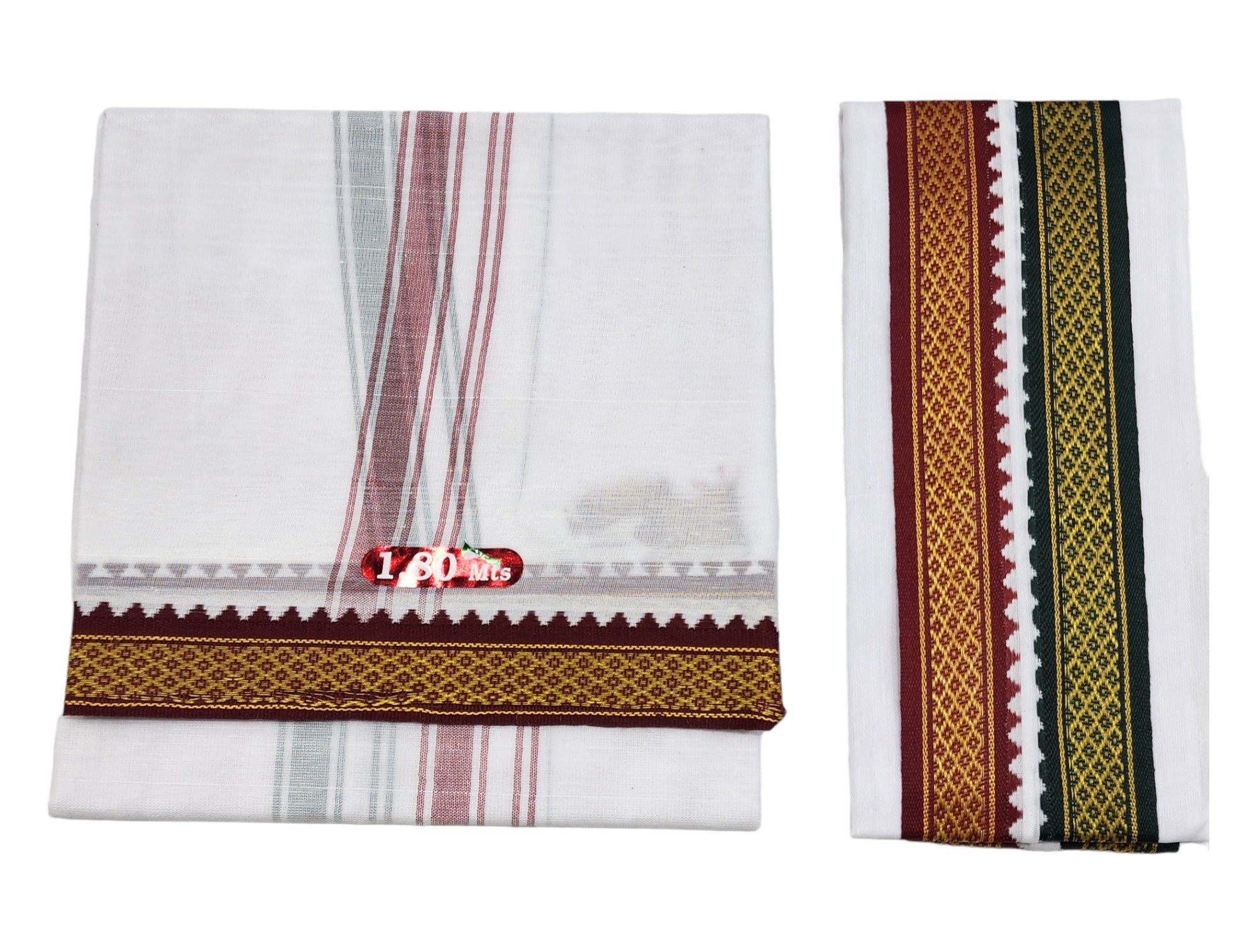 Dhoties Men's Traditional Poly Cotton Mayilkann Ganga Jamuna Bleached White Dhoti Size 1.80Mtrs & 4 Mulam / 2Mtrs With Separate Angavastram