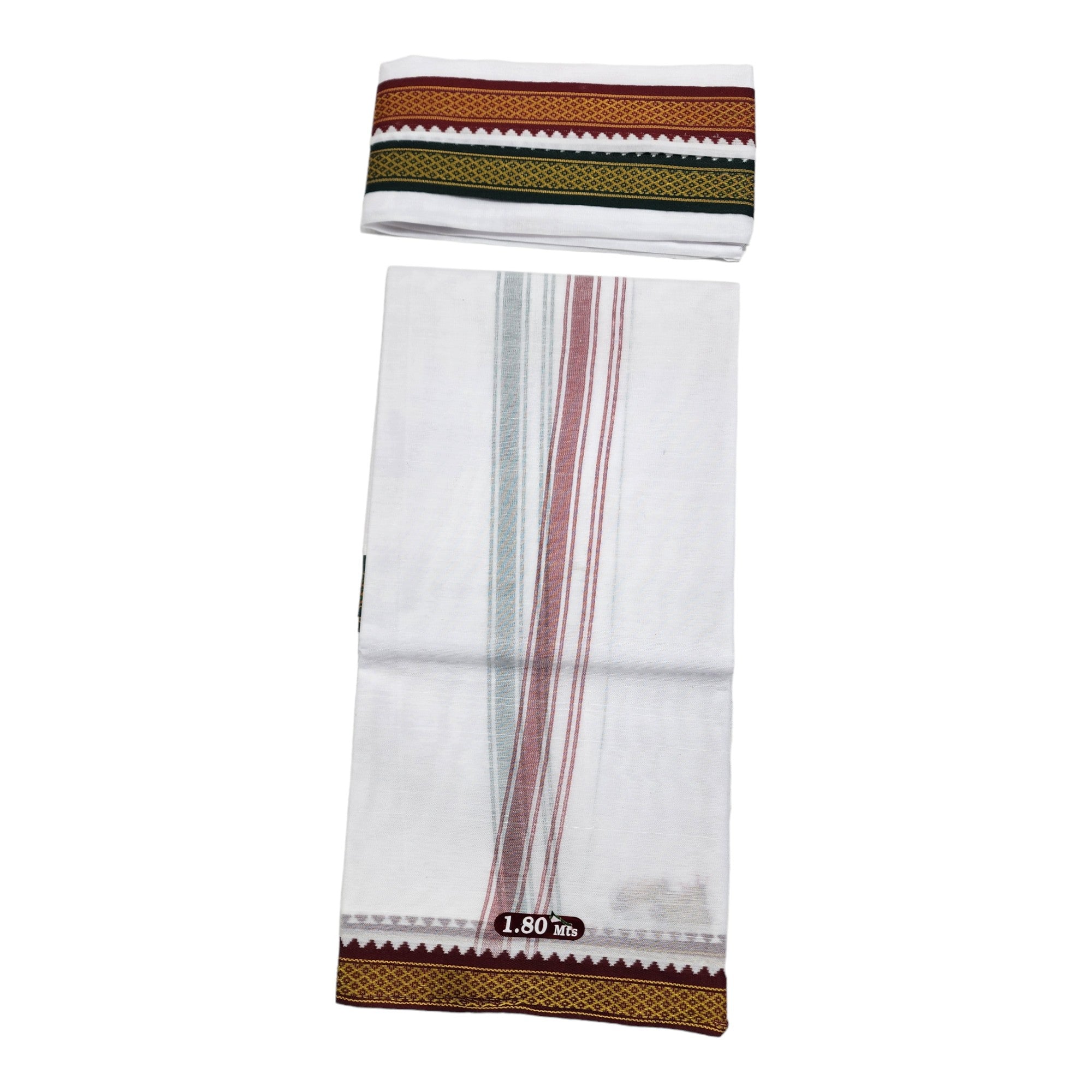 Dhoties Men's Traditional Poly Cotton Mayilkann Ganga Jamuna Bleached White Dhoti Size 1.80Mtrs & 4 Mulam / 2Mtrs With Separate Angavastram