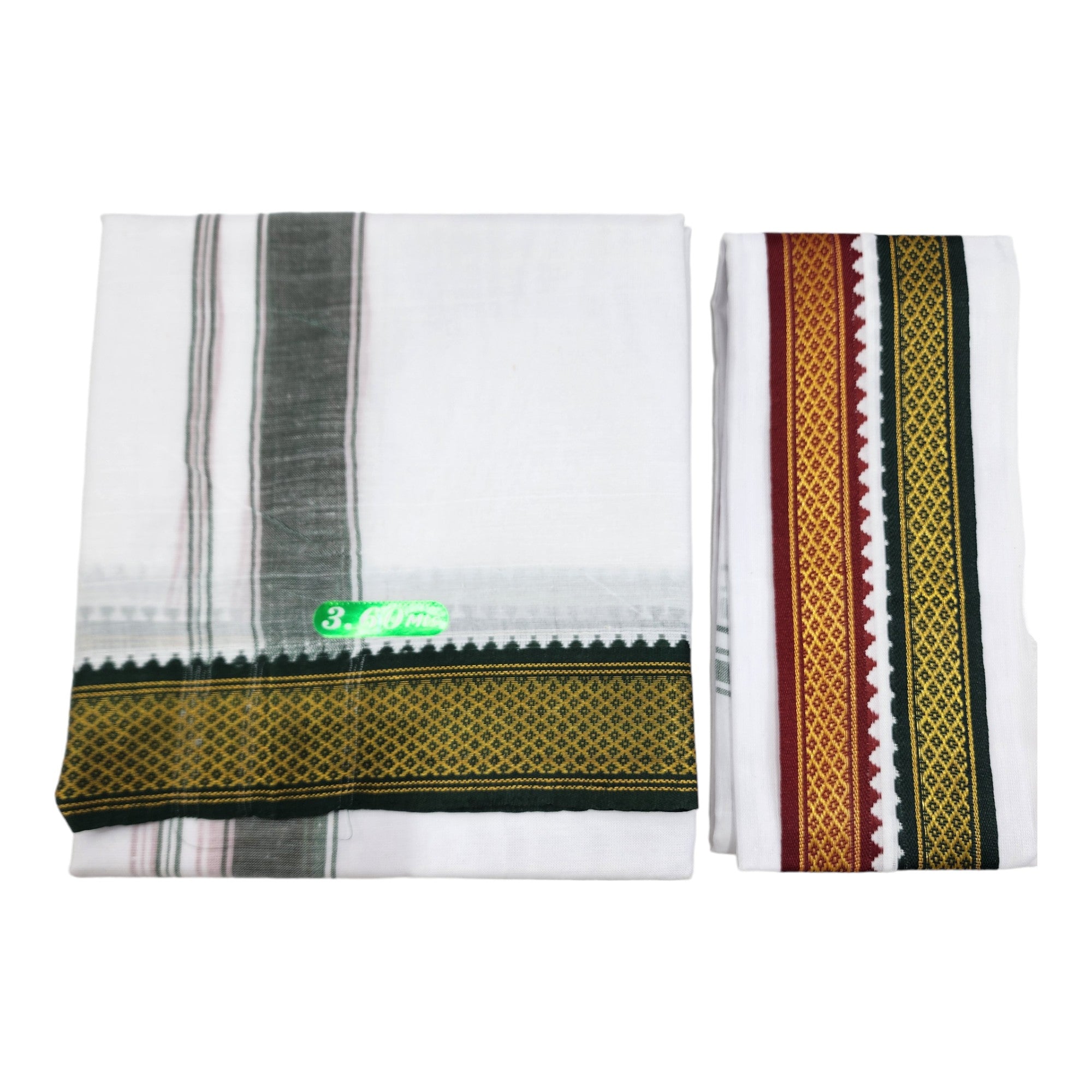 Dhoties Men's Traditional Poly Cotton Big Mayilkann Ganga Jamuna Bleached White Dhoti Size 8 Mulam/ 3.60Mtrs & 4 Mulam / 2Mtrs With Separate Angavastram