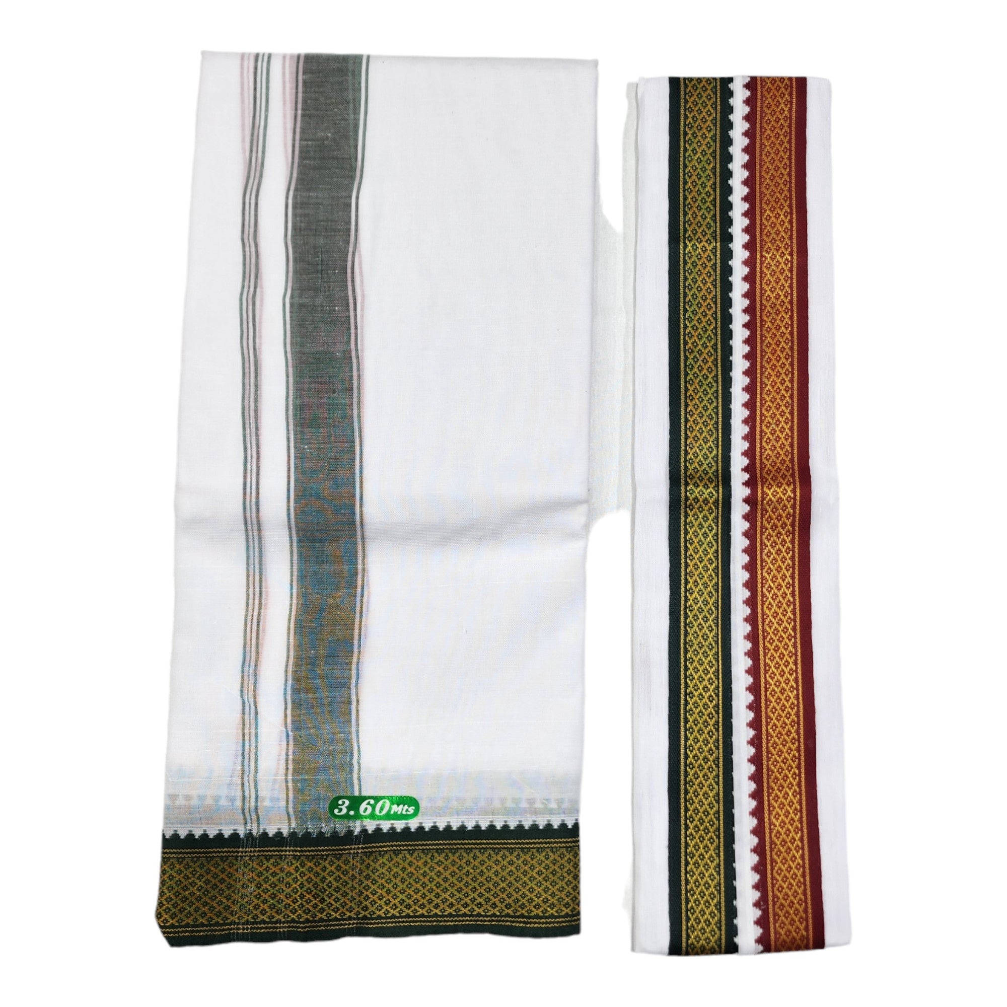 Dhoties Men's Traditional Poly Cotton Big Mayilkann Ganga Jamuna Bleached White Dhoti Size 8 Mulam/ 3.60Mtrs & 4 Mulam / 2Mtrs With Separate Angavastram