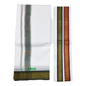 Dhoties Men's Traditional Poly Cotton Big Mayilkann Ganga Jamuna Bleached White Dhoti Size 8 Mulam/ 3.60Mtrs & 4 Mulam / 2Mtrs With Separate Angavastram