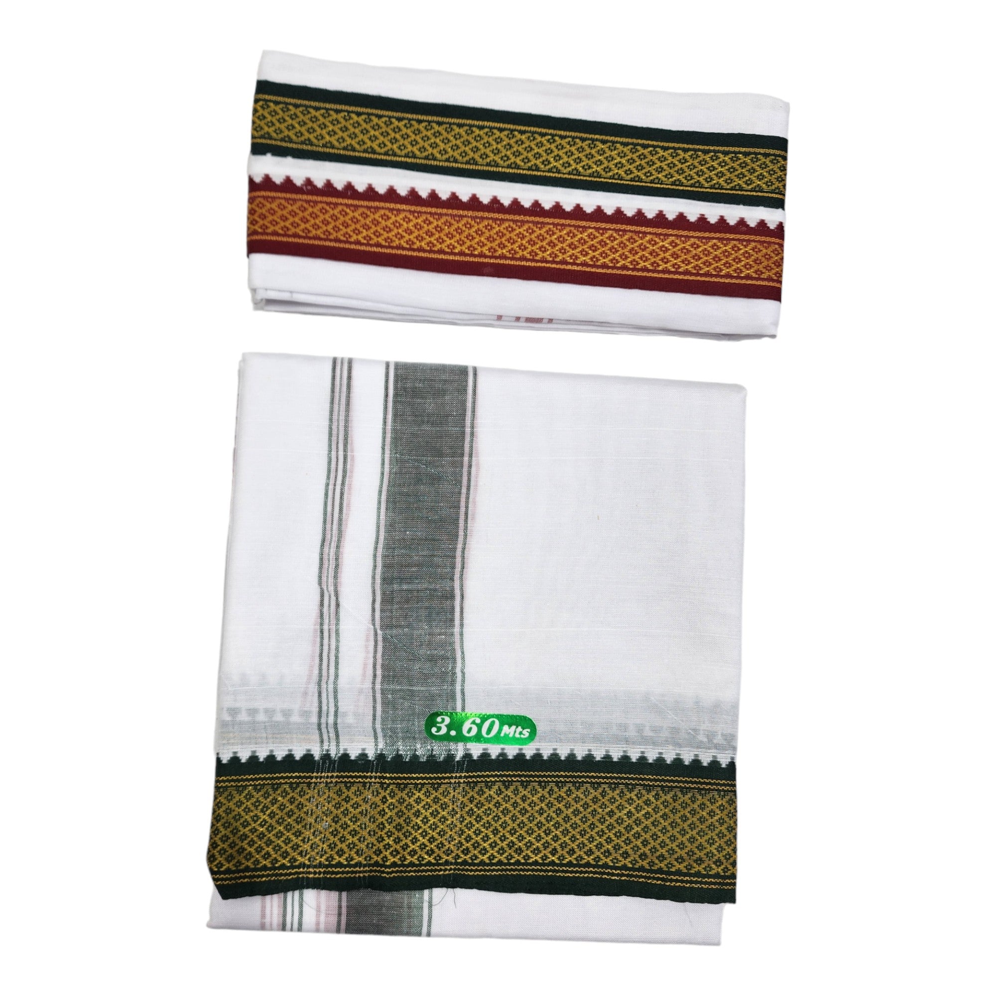 Dhoties Men's Traditional Poly Cotton Big Mayilkann Ganga Jamuna Bleached White Dhoti Size 8 Mulam/ 3.60Mtrs & 4 Mulam / 2Mtrs With Separate Angavastram