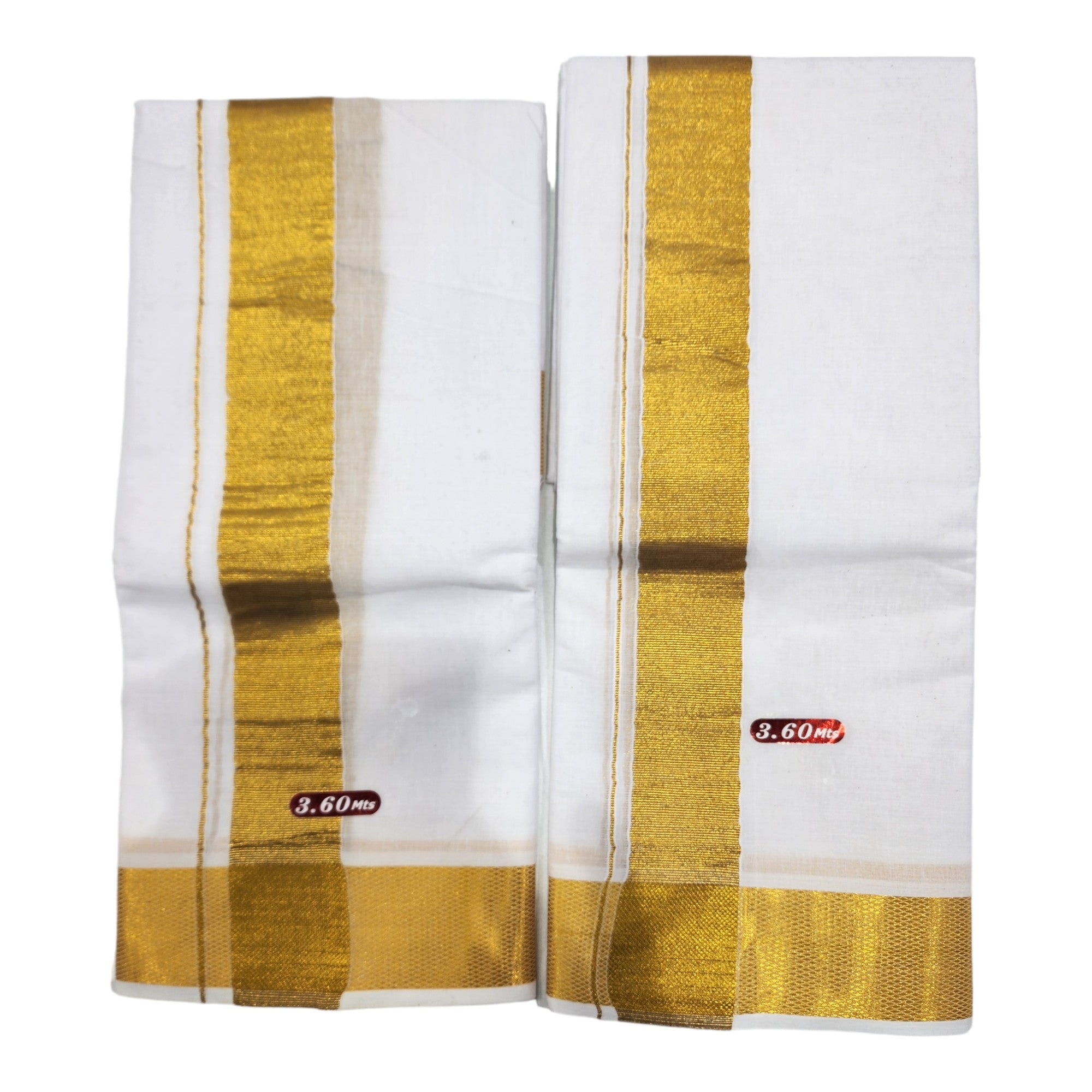 100% Pure Cotton Bleached White Dhoti With Cotton Big Gold Zari Border (3.6 Mtr (Pack of 2pcs)