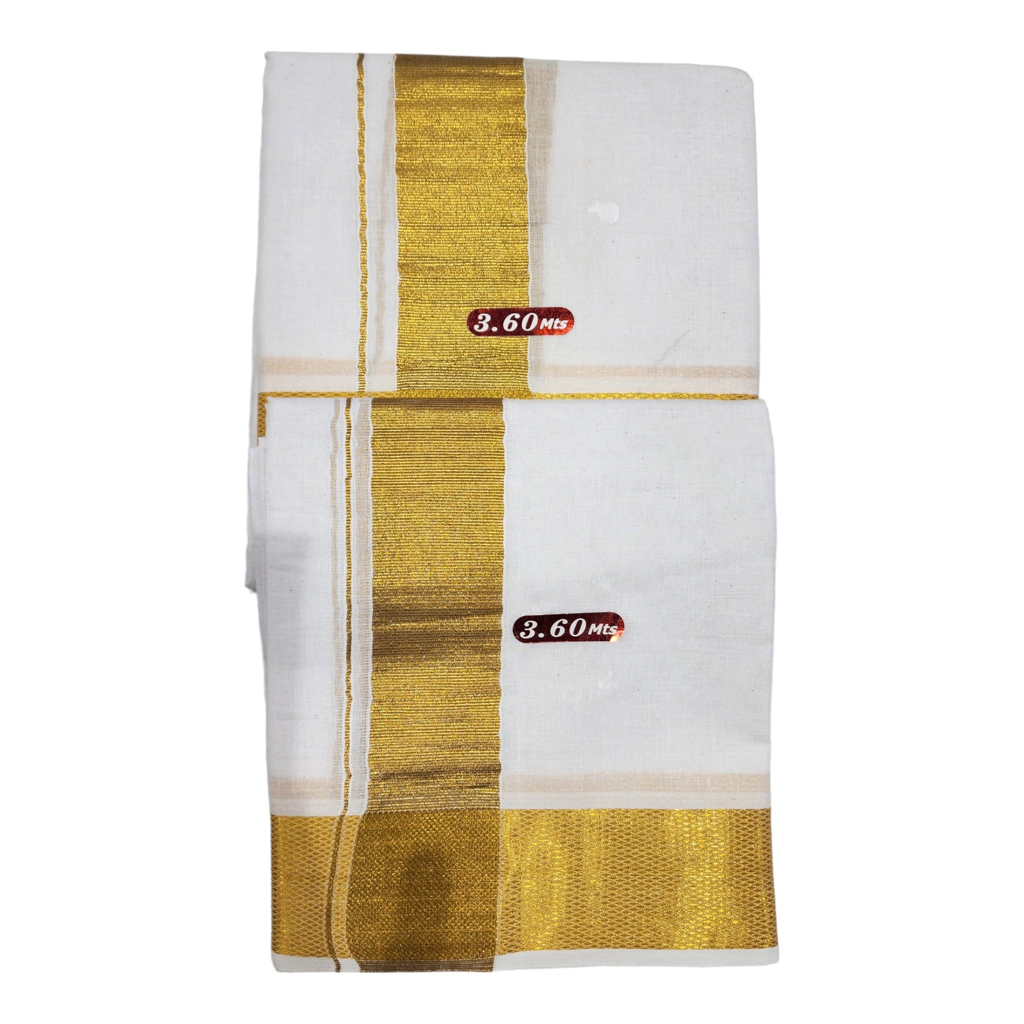 100% Pure Cotton Bleached White Dhoti With Cotton Big Gold Zari Border (3.6 Mtr (Pack of 2pcs)