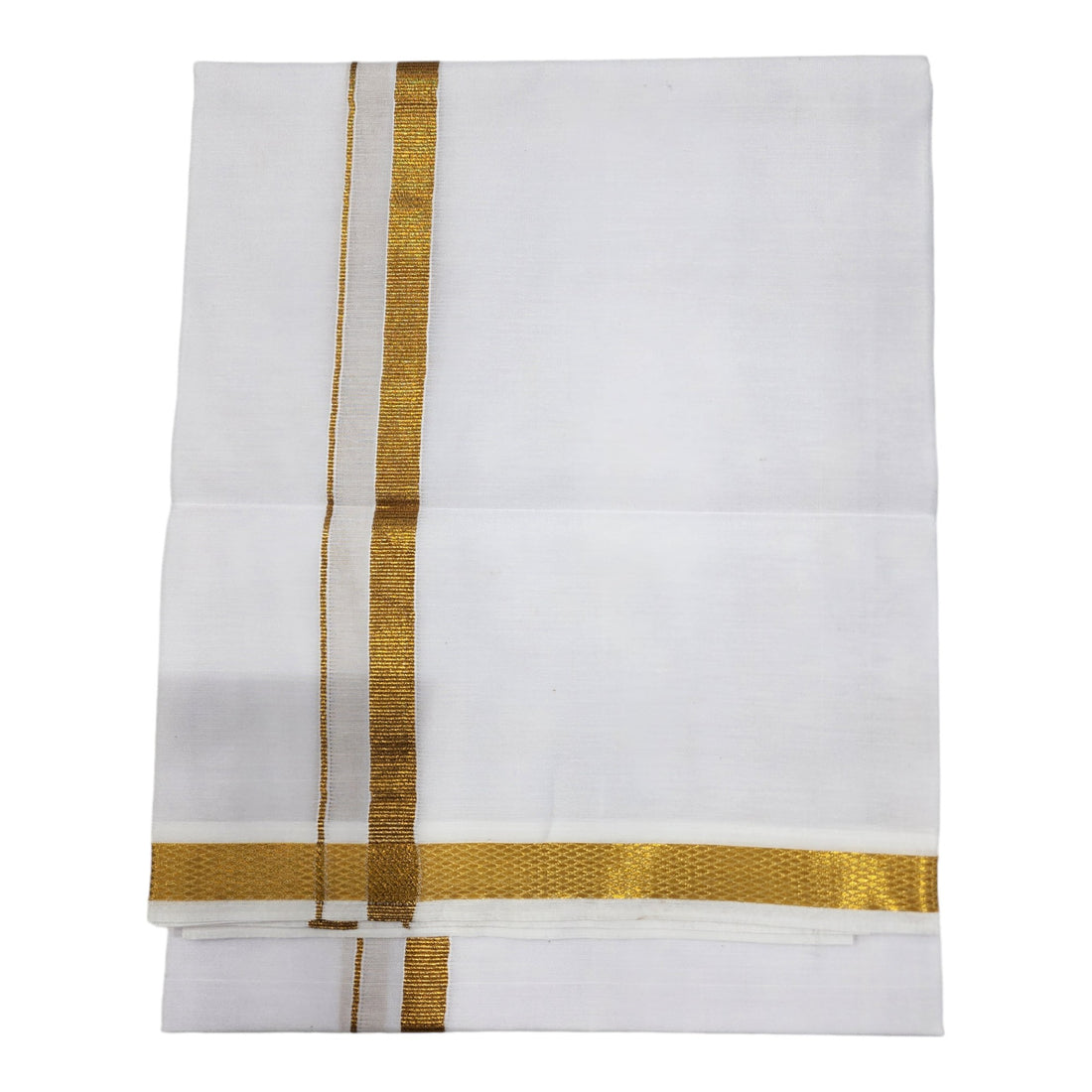 Mens Single Pure Cotton Dhoti 2 Mts White with Gold Jari Border 1/2 & Towel 1.8 Mts Set