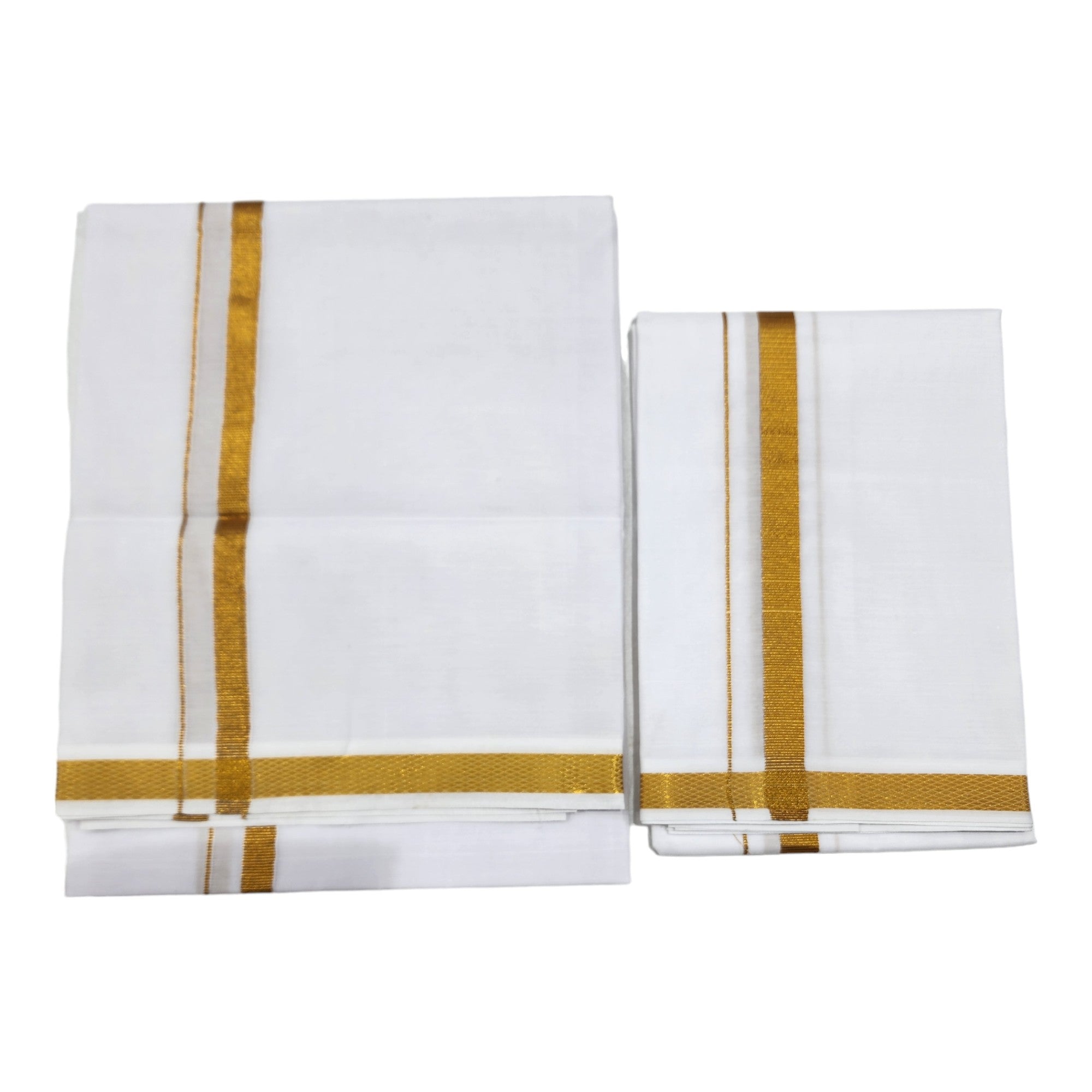 Mens Single Pure Cotton Dhoti 2 Mts White with Gold Jari Border 1/2 & Towel 1.8 Mts Set