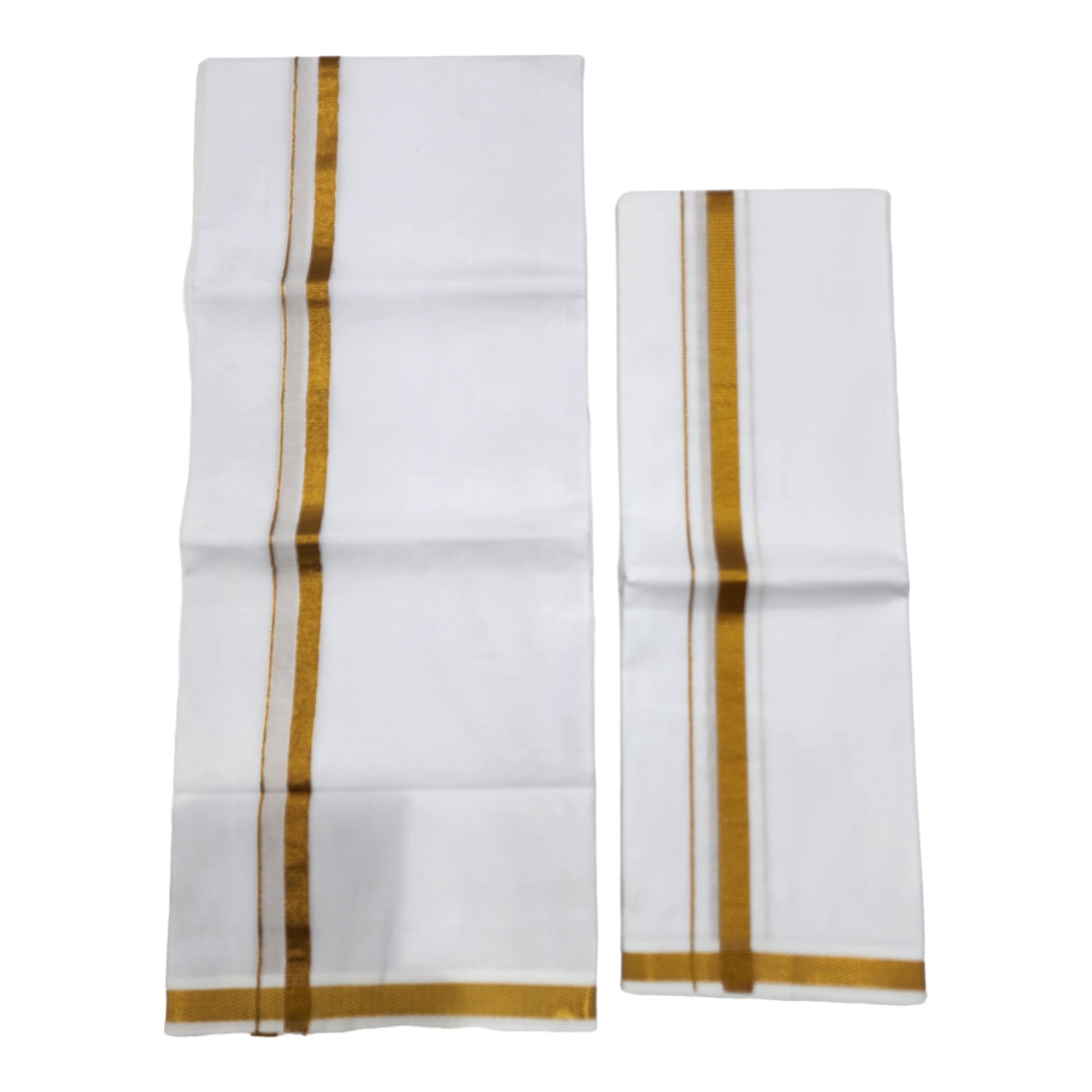 Mens Single Pure Cotton Dhoti 2 Mts White with Gold Jari Border 1/2 & Towel 1.8 Mts Set