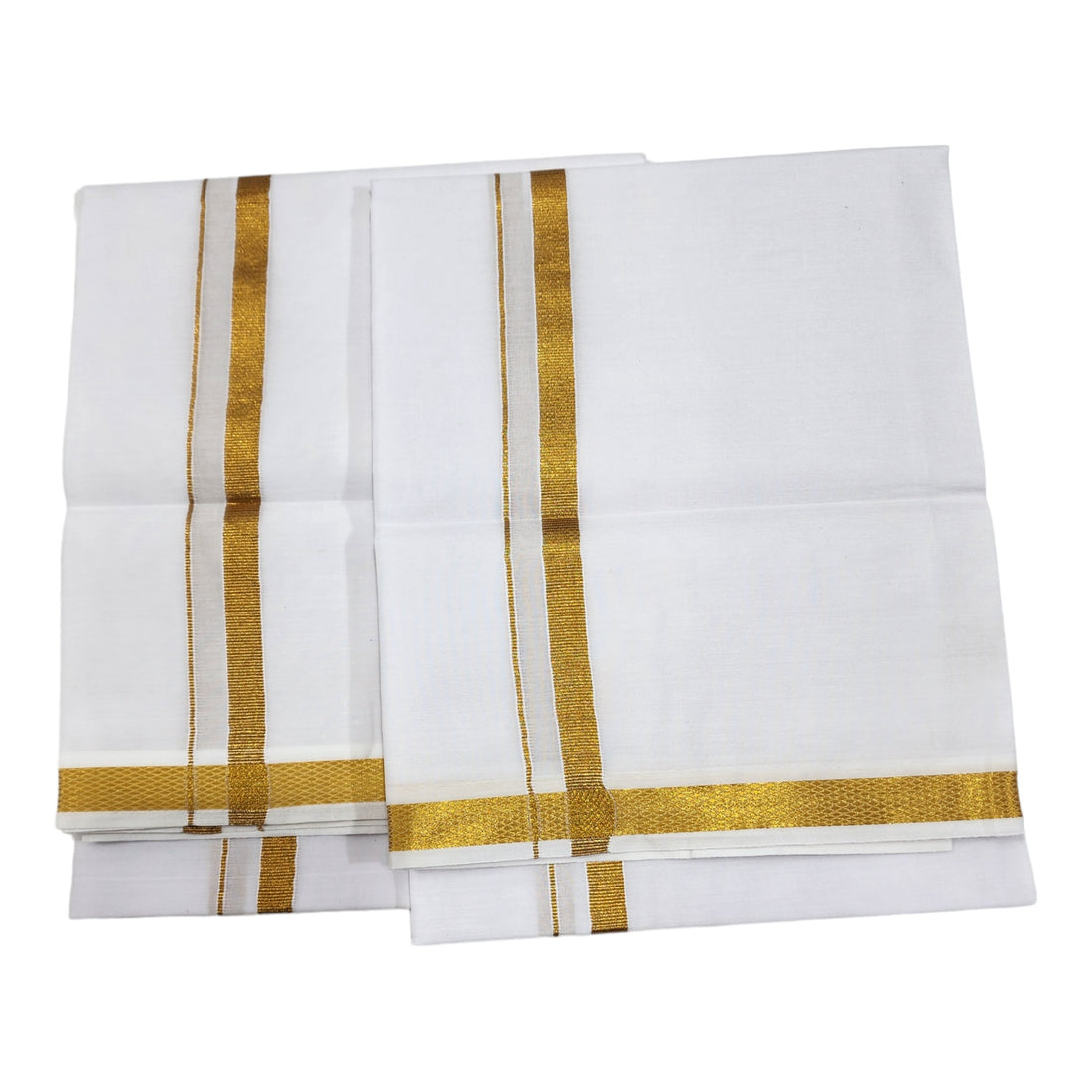 Mens White Pure Cotton Dhoti with 1/2" Gold Jari Border Agal 2 Mts. (2 PCs Combo)