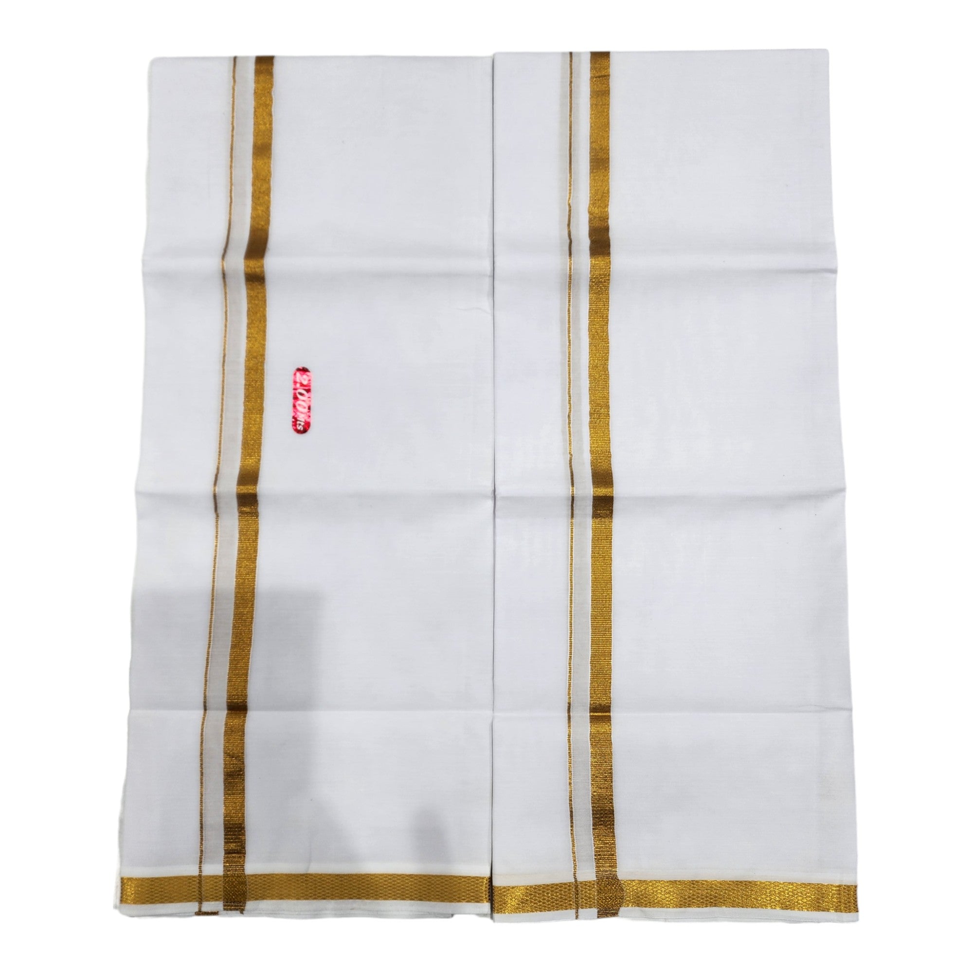 Mens White Pure Cotton Dhoti with 1/2" Gold Jari Border Agal 2 Mts. (2 PCs Combo)