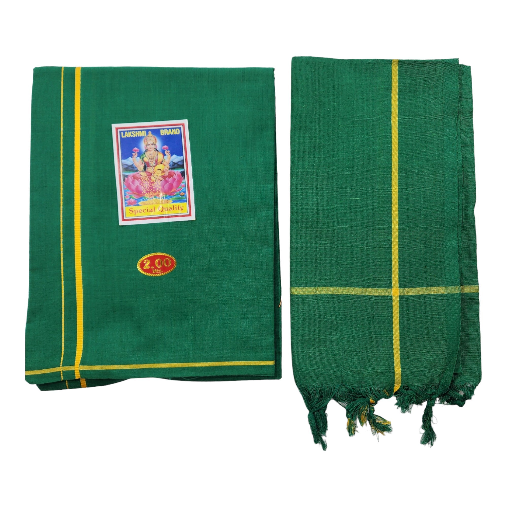 COTTON Mens Colour Single Pooja/Temple wear POLY Cotton dhoti Bentex Border and Angavastram Set (1.30X1.95 Meter Dhoti, 36X1.80 towel)