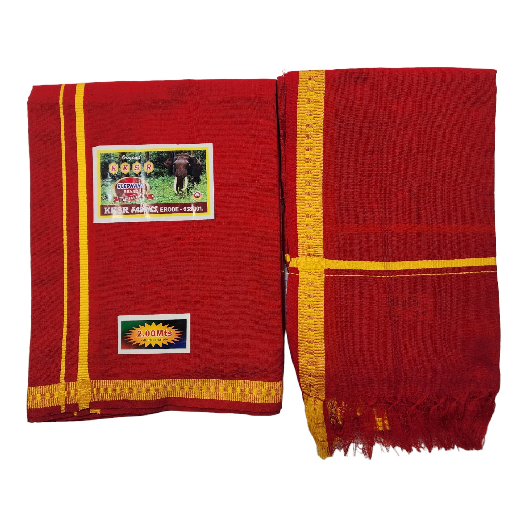 COTTON Mens Colour Single Pooja/Temple wear POLY Cotton dhoti Bentex Border and Angavastram Set (1.30X1.95 Meter Dhoti, 36X1.80 towel)