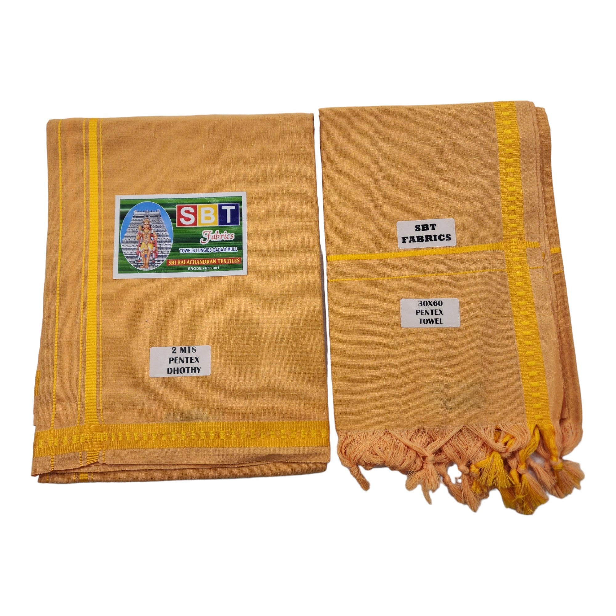 COTTON Mens Colour Single Pooja/Temple wear POLY Cotton dhoti Bentex Border and Angavastram Set (1.30X1.95 Meter Dhoti, 36X1.80 towel)