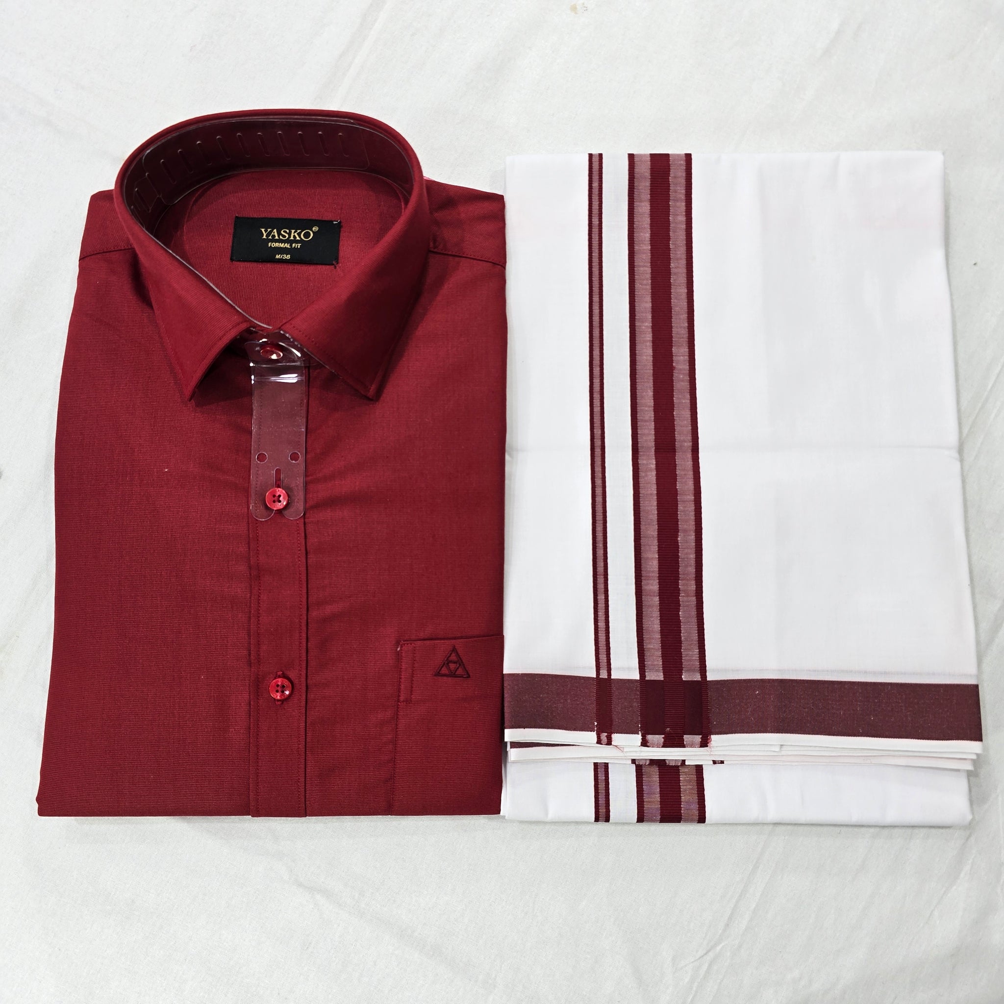 Combo of Shirt and Dhoti | Traditional Wedding Set for Men -  dark red