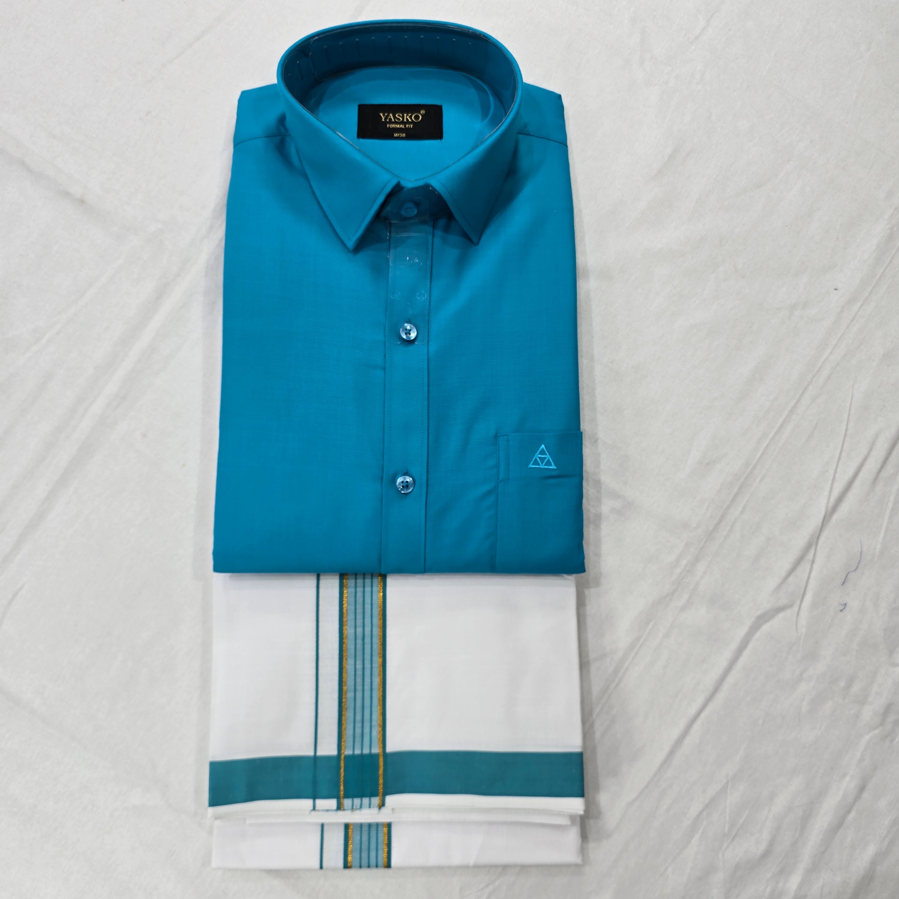 Combo of Shirt and Dhoti | Traditional Wedding Set for Men -  teal blue