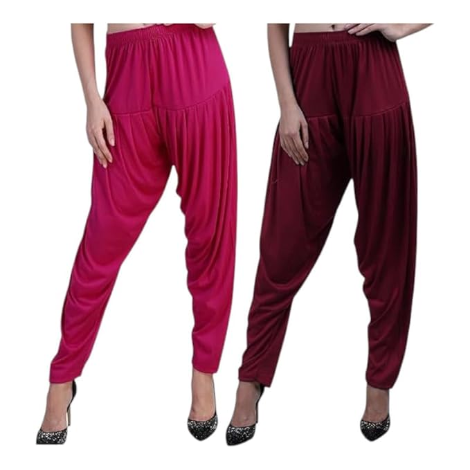 Women's Relaxed Fit Cotton Viscose Lycra Dhoti Patiyala Salwar Harem Bottoms Pants for Women's (PACK 2)