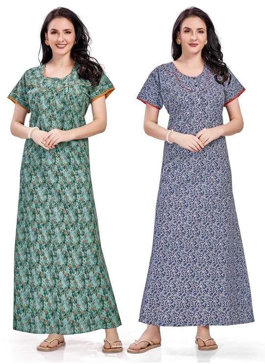 Women's Cotton Printed Nighty Night Gown Maxi | Nighty Dress with Pocket, Super Soft Comfortable | Rajasthani and Jaipuri Gown Maxi